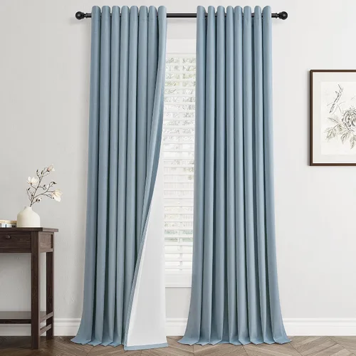 Vista 14 de Beige White Linen Blackout Curtains 90 Length 2 Panels Set for Living Room Bedroom, 100% Black Out Thermal Insulated Linen Drapes, Room Darkening