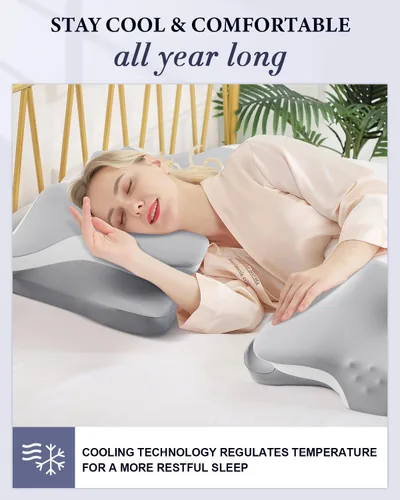 Vista 2 de Almohada cervical para el alivio del dolor de cuello, almohadas de espuma viscoelástica de enfriamiento ergonómicas para dormir con funda de Gris