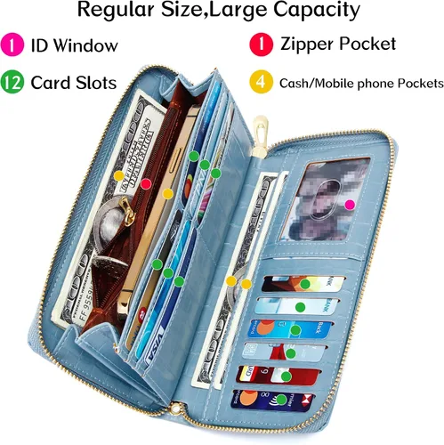Vista 3 de Badiya Cartera para mujer con bloqueo RFID de cuero con cremallera de gran capacidad para tarjetas de crédito bolso largo Azul
