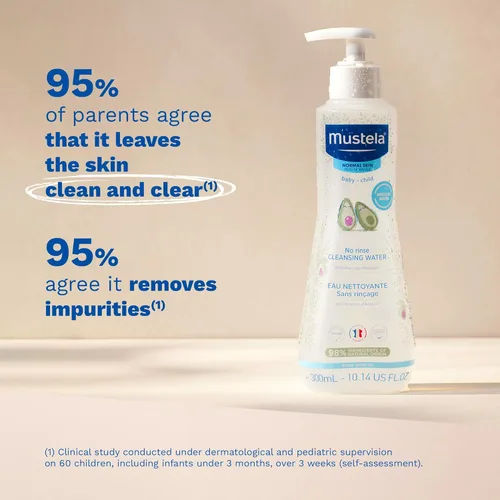 Vista 4 de Mustela Agua limpiadora para bebés, agua micelar sin enjuague, con aguacate natural y aloe vera, para cara, cuerpo y pañal del bebé, paquete de 1