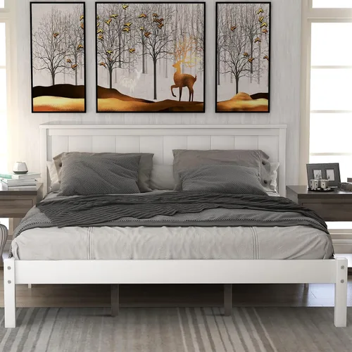 Vista 13 de Cama de plataforma de madera maciza tamaño Queen con cabecera y estribo de trineo, base de cama de plataforma Queen de madera con almacenamiento