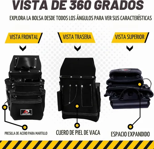 Vista 3 de Bolsa de herramientas de cuero AP LEATHER Pro-015 para construcción, resistente, con soporte para martillo, hebilla, 3 bolsillos grandes