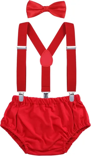 Vista 12 de AWAYTR Conjunto de bombones para bebé niño con tirantes y pajarita para fiesta de primer cumpleaños Beige