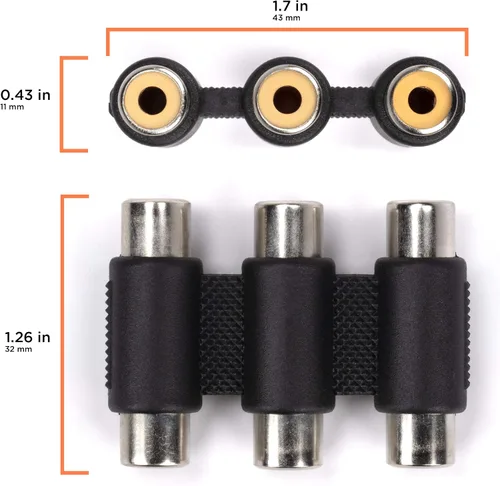 Vista 3 de THE CIMPLE CO Acopladores RCA triples – Conectores de barril hembra a hembra para adaptar y extender cables A/V – Uniones de cables RCA de 3 vías