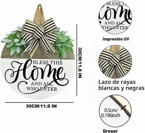 Vista 2 de Letrero de bienvenida para decoración de puerta delantera, coronas de madera rústica con vegetación y lazo, letrero de porche «Bless This Home»