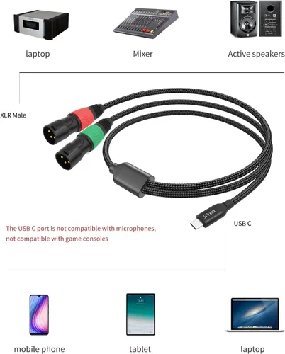 Vista 4 de USB C a doble XLR macho cable de audio, adaptador tipo C a 2 XLR macho cable de amplificador de potencia estéreo para conectar smartphones USB C a