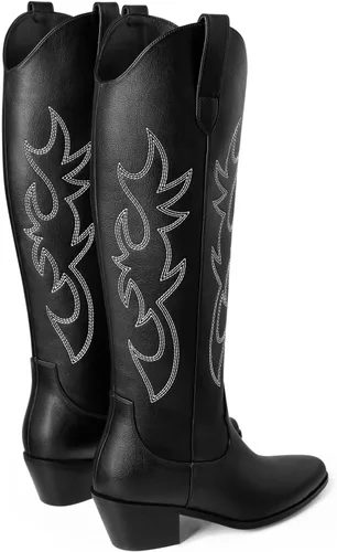 Vista 3 de Ouepiano - Botas vaqueras blancas para mujer, botas con longitud hasta la rodilla, tacón grueso y puntera puntiaguda, sin cordones, pantorrilla
