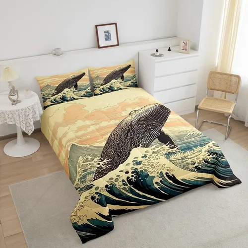 Vista 3 de Erosebridal Juego de edredón de ballena náutica, tamaño individual, juego de ropa de cama vintage azul con ondas oceánicas para niños y niñas