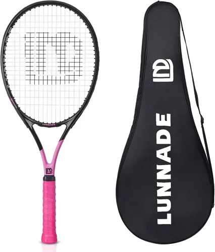 Vista 10 de Raqueta de tenis para adultos de 27 pulgadas, raqueta de tenis de fibra de carbono a prueba de golpes, ligera, pre-cordada y con empuñadura
