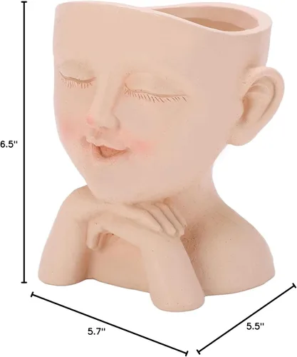 Vista 10 de Bonita maceta de cabeza de niña, maceta de cara humana, bonita maceta de resina con orificio de drenaje, ojos cerrados para plantas