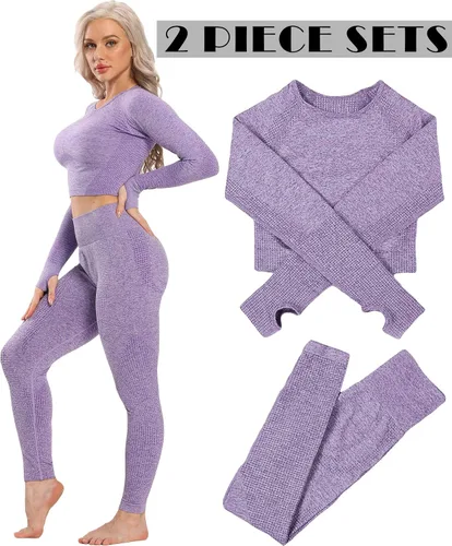Vista 3 de YOFIT - Conjunto deportivo de 2 piezas leggings de yoga de cintura alta sin costuras y crop top con manga larga para mujer, juego de ropa