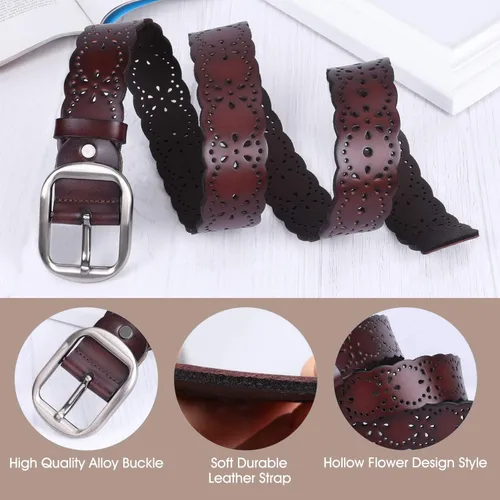 Vista 3 de JASGOOD Cinturón de cuero de flor hueca para mujer para pantalones vaqueros Cinturón ancho para damas