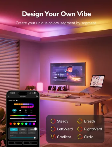 Vista 7 de Lepro S1 - Tira de luces LED AI para dormitorio, tiras de luz RGB inteligentes de 16.4 pies con efectos de persecución IC y arcoíris, segmento