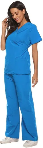Vista 5 de Conjuntos de ropa quirúrgica para mujer, uniforme de enfermera, camiseta y pantalón deportivo, ropa de trabajo, elástico, de manga corta, cuello