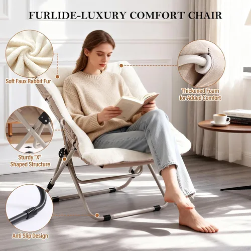 Vista 3 de Furlide Silla platillo, cómodas sillas de dormitorio, silla plegable de piel sintética de gran tamaño, silla plegable con marco de metal para sala