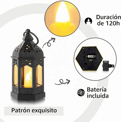 Vista 5 de Romadedi Mini Linternas Decorativas para Centro de Mesa: 10 piezas de linterna pequeña negra colgante a granel con velas LED parpadeantes para Negro