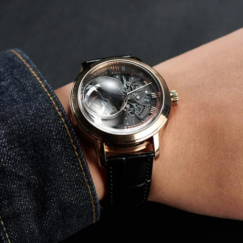Vista 9 de OBLVLO Relojes de lujo de oro rosa para hombre esfera de esqueleto relojes automáticos correa de cuero VM-1