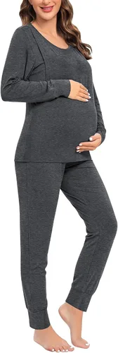 Vista 4 de SWOMOG Conjunto de bata de maternidad para mujer, pijama de lactancia para lactancia materna