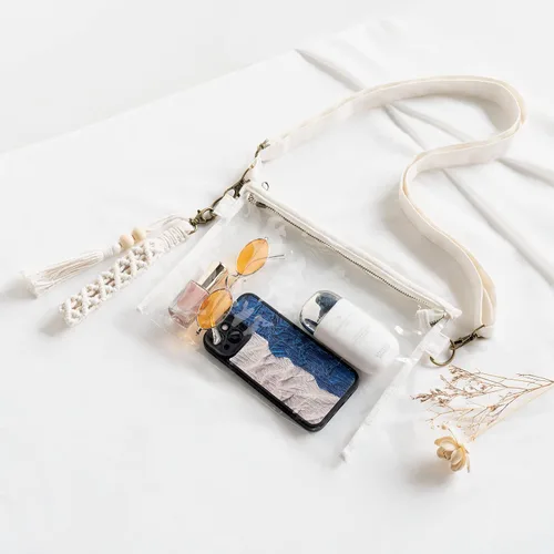 Vista 3 de Mkono Bolsa transparente aprobada para estadios, bolso pequeño para mujer con pulsera de macramé, bolsa cruzada transparente para conciertos