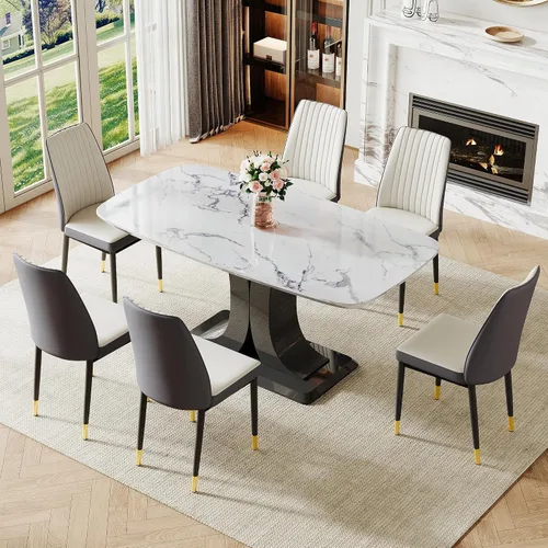 Vista 13 de Juego de mesa de comedor moderno para 6, juego de mesa de cocina y sillas de mármol para 6, mesa de cocina rectangular con 6 sillas tapizadas