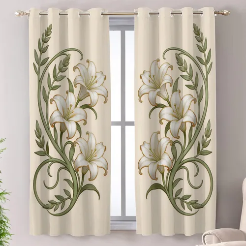 Vista 58 de Shrahala Art Nouveau Floral Pattern Blackout Curtain Tiers, Delicate Vine and Flower Design Kitchen Valance Light Blocking Tier Drapes with Rod