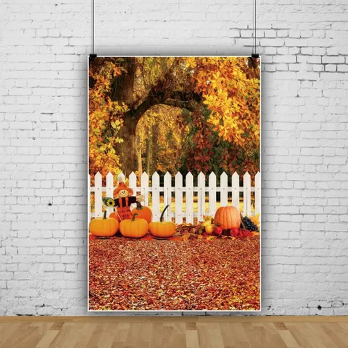Vista 2 de Laeacco Fondos de fotografía de otoño de 3 x 5 pies, fondo de otoño para el día de Acción de Gracias, valla blanca, hojas de calabaza, cosecha, baby