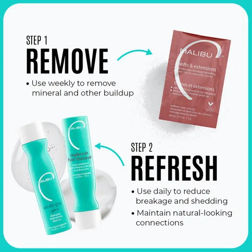 Vista 4 de Malibu C Tramas y extensiones – Contiene 2 paquetes de remedios para el cabello – Elimina la acumulación + evita la rotura del cabello – Cuidado