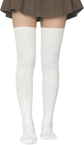 Vista 12 de Bestjybt Calcetines altos hasta el muslo para mujer de algodón con punto trenzado por encima de la rodilla, medias tipo bota, calentadores de Negro