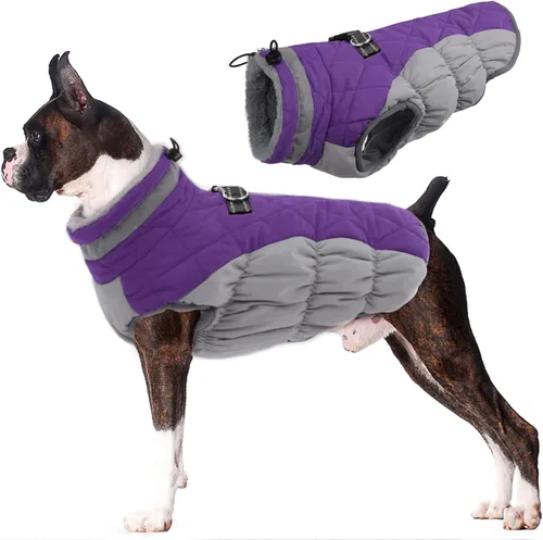 Vista 41 de Lelepet Abrigo cálido para perro, abrigo de invierno para perro, chaqueta impermeable para perros con arnés integrado reflectante de forro polar