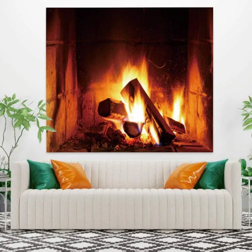 Vista 2 de Haoyiyi Tapiz de fuego ardiente de 33.9 x 27.6 pulgadas, chimenea de madera de Navidad, ladrillo brillante, para colgar en la pared, vintage