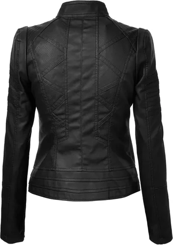 Vista 2 de Lock and Love Chaqueta de moto de cuero vegano de corte ajustado para mujer, abrigo de motocicleta de PU