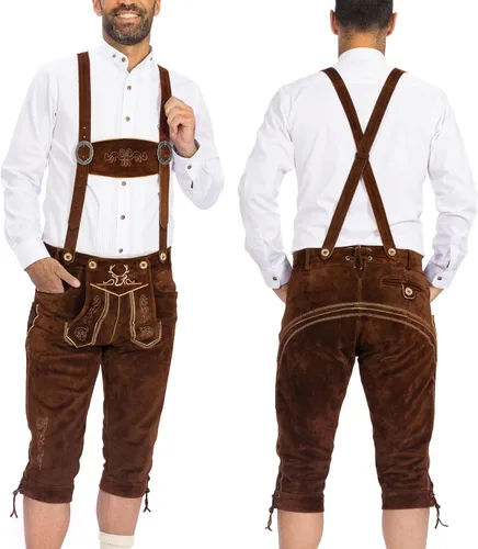 Vista 11 de BAVARIA TRACHTEN Lederhosen - Traje de Oktoberfest de cuero genuino para hombre, marrón claro y oscuro, amarillo oliva antiguo, verde óxido Marrón