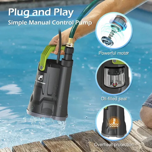Vista 2 de FLUENTPOWER Bomba de sumidero, bomba de agua sumergible de 1/2 HP, bomba utilitaria de 2500 GPH de control manual para piscina, jardín, estanque