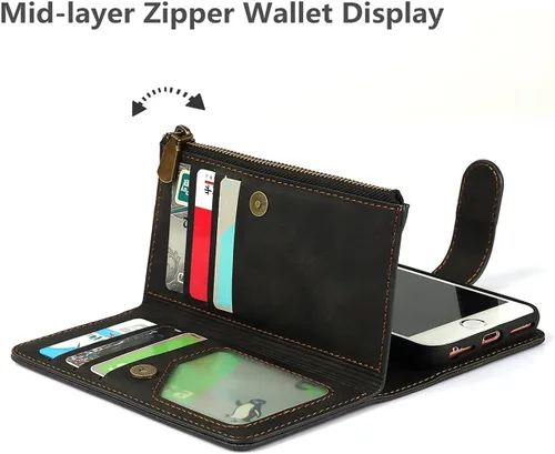 Vista 7 de iCoverCase Funda para iPhone SE (2022)/SE (2020)/7/8/6/6S con tarjetero y soporte para tarjetas, funda magnética desmontable de piel sintética