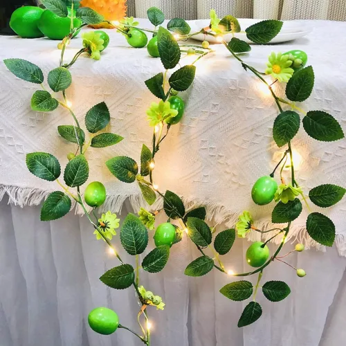 Vista 14 de Guirnalda de plantas de vid de limón amarillo, frutas artificiales, margaritas blancas, bayas con luz de hadas, funciona con pilas para el hogar