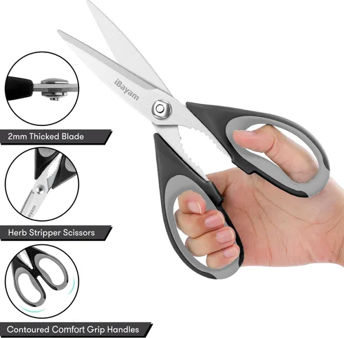 Vista 4 de iBayam - Tijeras de cocina de 8.5 pulgadas con funda, color negro Tijeras multiusos, utensilios de cocina para el hogar, herramientas de mariscos