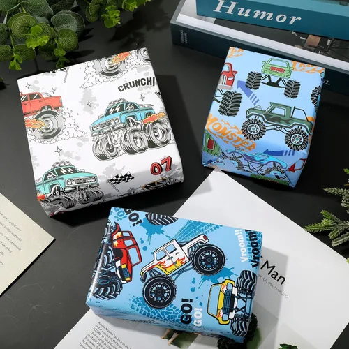Vista 4 de 12 hojas de papel de regalo para camión, no enrollable, papel de regalo de caricaturas de carreras de autos de carreras, plegado a granel, plano