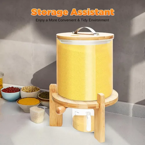 Vista 3 de Dispensador de cereales de 5 L, recipiente de almacenamiento de granos de vidrio transparente, dispensador de alimentos secos, organizador