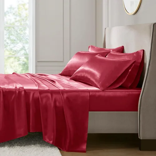 Vista 124 de Madison Park Essentials - Juego de sábanas de satén de lujo y sedoso con brillo natural, bolsillo elástico de 14 pulgadas para colchones de hasta 16