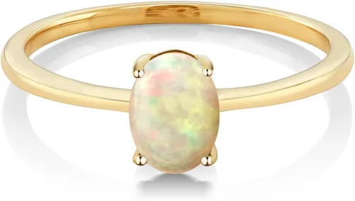 Vista 2 de Gem Stone King Anillo de compromiso solitario de oro amarillo de 10 quilates con ópalo etíope blanco para mujer cabujón ovalado de 051 quilates