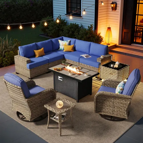 Vista 16 de HOOOWOOO Juego de muebles seccionales de patio con mesa de luz solar, 6 piezas de mimbre para exteriores, sofá en forma de L, juego de conversación