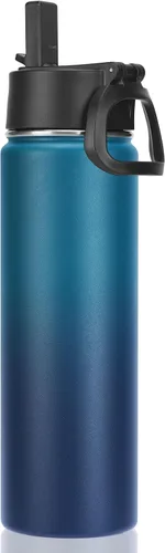 Vista 11 de Neihepal Botellas de agua aisladas de 22 onzas con tapa con popote a prueba de fugas, botella de agua de acero inoxidable de doble pared de boca