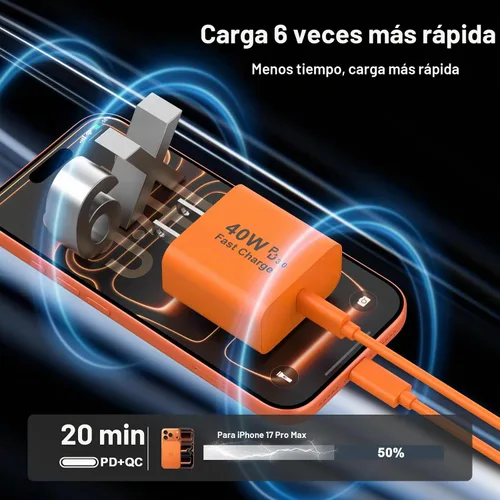 Vista 3 de [Certificado MFi de Apple] Cargador para iPhone 17 Pro Max de carga rápida, bloque de carga USB C de 40 W con cable de carga tipo C extra largo