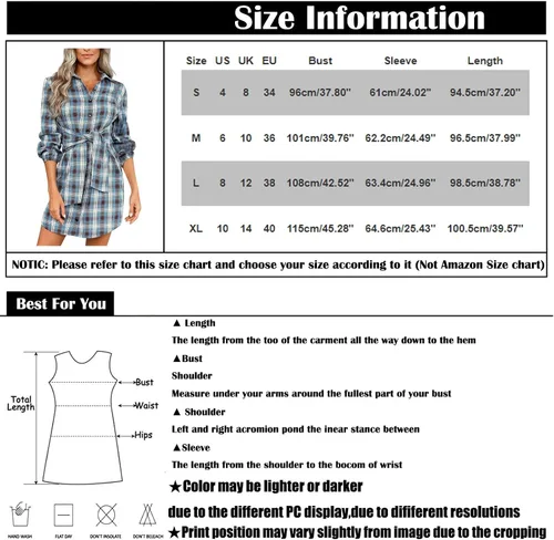 Vista 7 de Vestidos de verano para mujer, casual, con lazo en la cintura, manga larga, solapa, falda corta, a cuadros, vestidos casuales