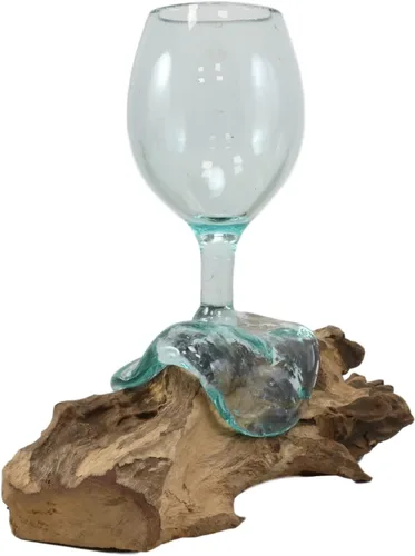 Vista 3 de Ebros Gift Handicraft Balinesa hecha a mano de madera natural de raíz gamal con cáliz de copa de vino fundida soplada a mano como vasos de aire