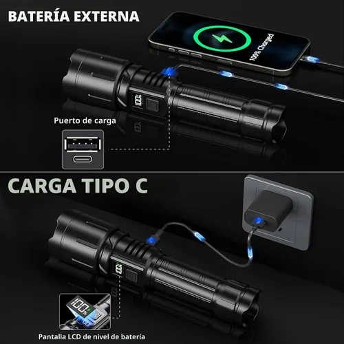 Vista 6 de Linterna recargable KNIBO 99000 altos lúmenes, luz de flash brillante LED Linternas tácticas con pantalla LCD de potencia, 6 modos, impermeable