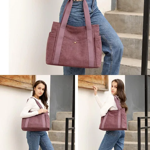 Vista 3 de Bolso de lona para mujer, multibolsillo, estilo retro, casual, con asa superior, bolso de mano