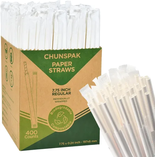 Vista 11 de Pajitas de papel desechables envueltas individualmente de 7.75 x 0.24 pulgadas, rayas coloridas [400 unidades] - biodegradables ecológicos