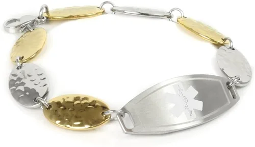 Vista 10 de Womens Medical ID Bracelet with Custom Engraving - 1.5cm Gold Tone Steel Petals