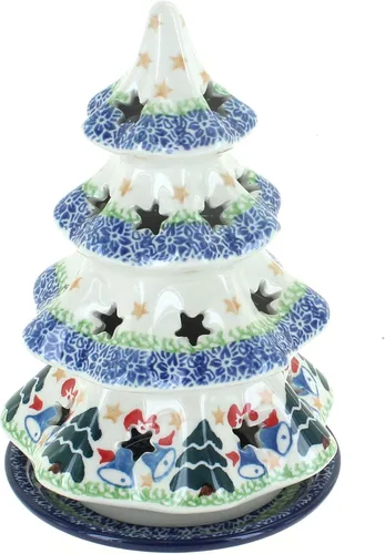 Vista 7 de Cerámica polaca Blue Rose – Luminaria de árbol de Navidad mediano Blue Alyce – 7 pulgadas de alto – Portavelas de cerámica polaca pintado a mano